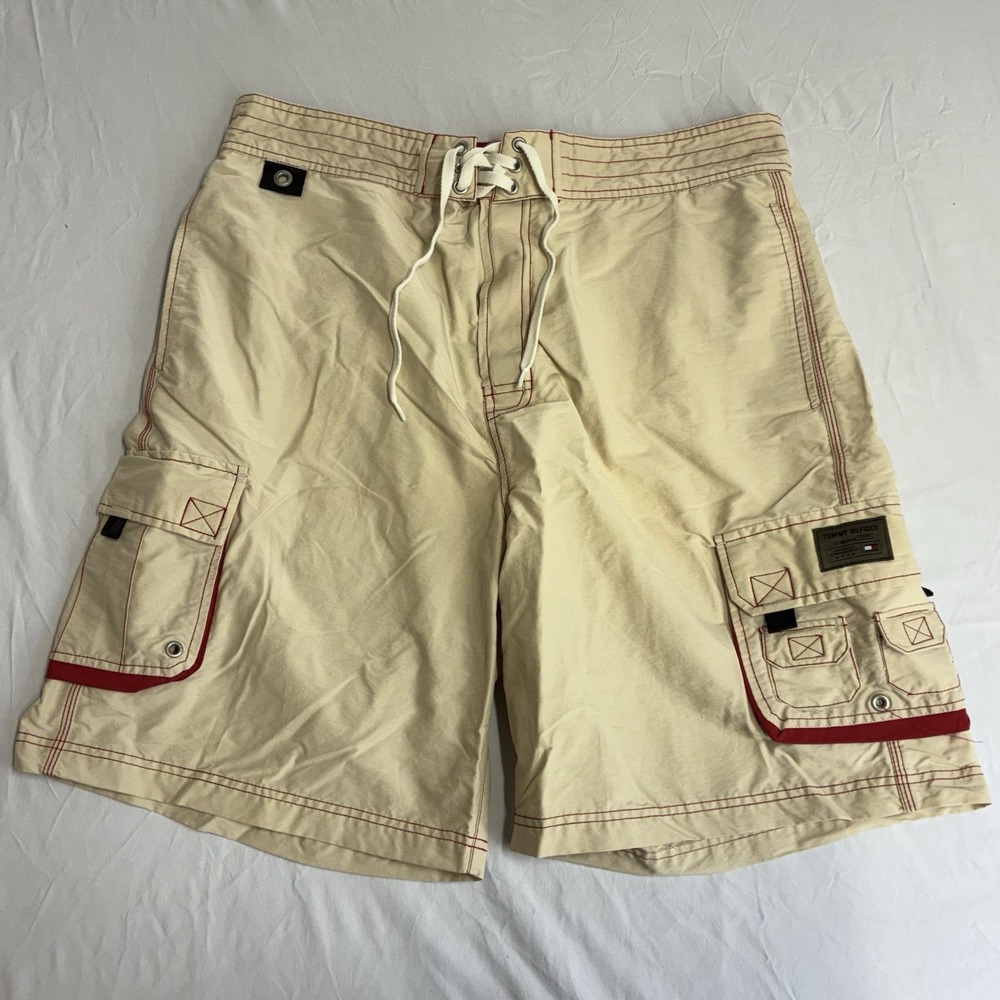 VTG Tommy Hilfiger Mens Swim Trunks, Cream With Red Stitching, Size Large